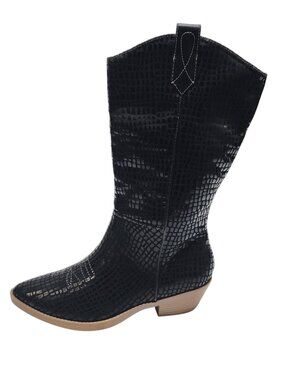 Black Croc-Embossed Mid-Calf Western Boots Size 6M Faux Leather Upper Block Heel